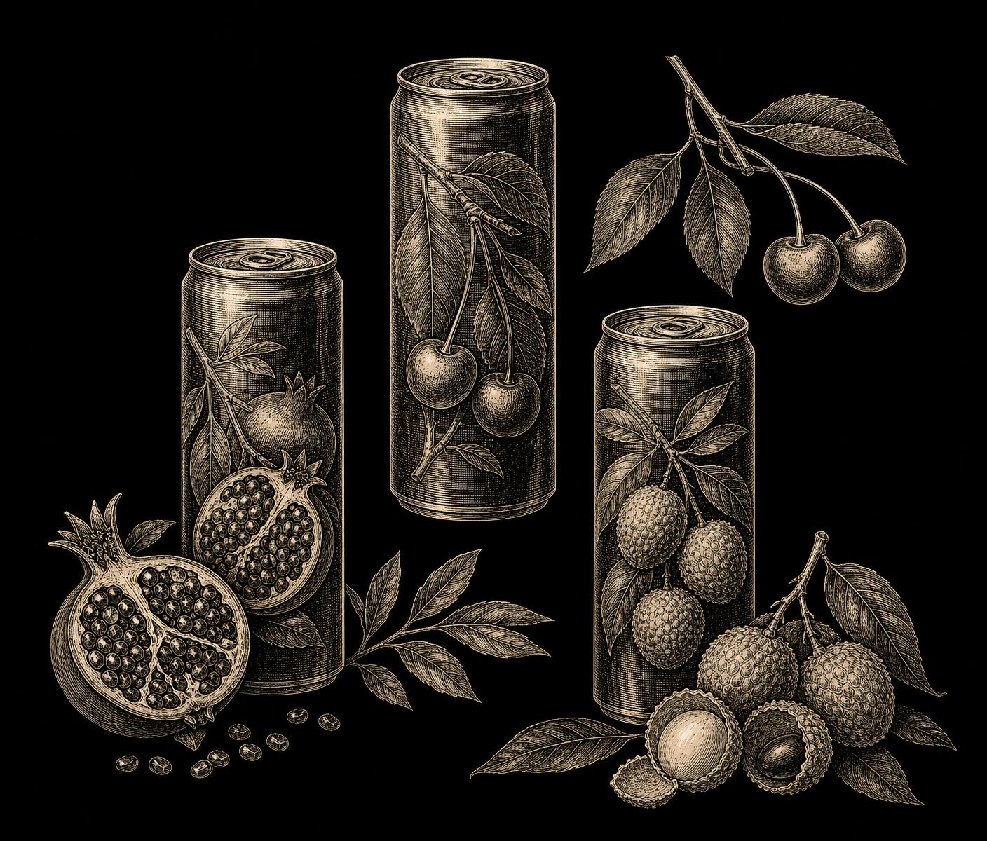 Hand-drawn botanical engraving of three Aceterra cans with pomegranate, cherry, and lychee sketches